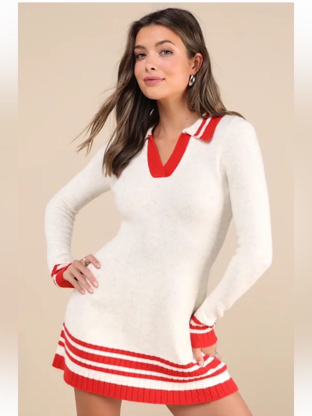 Lulus Soft Serenity Heather Ivory and Red Collared Sweater Mini Dress